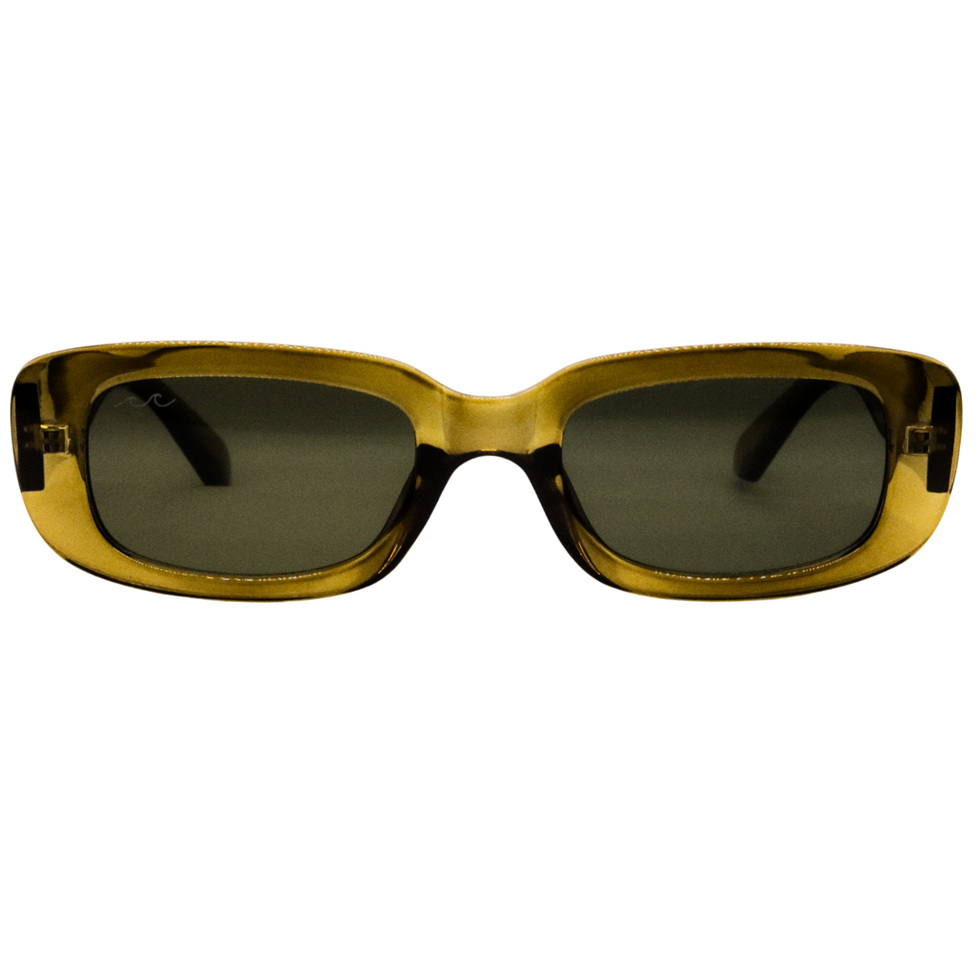 Gold-framed sunglasses with dark lenses on a white background