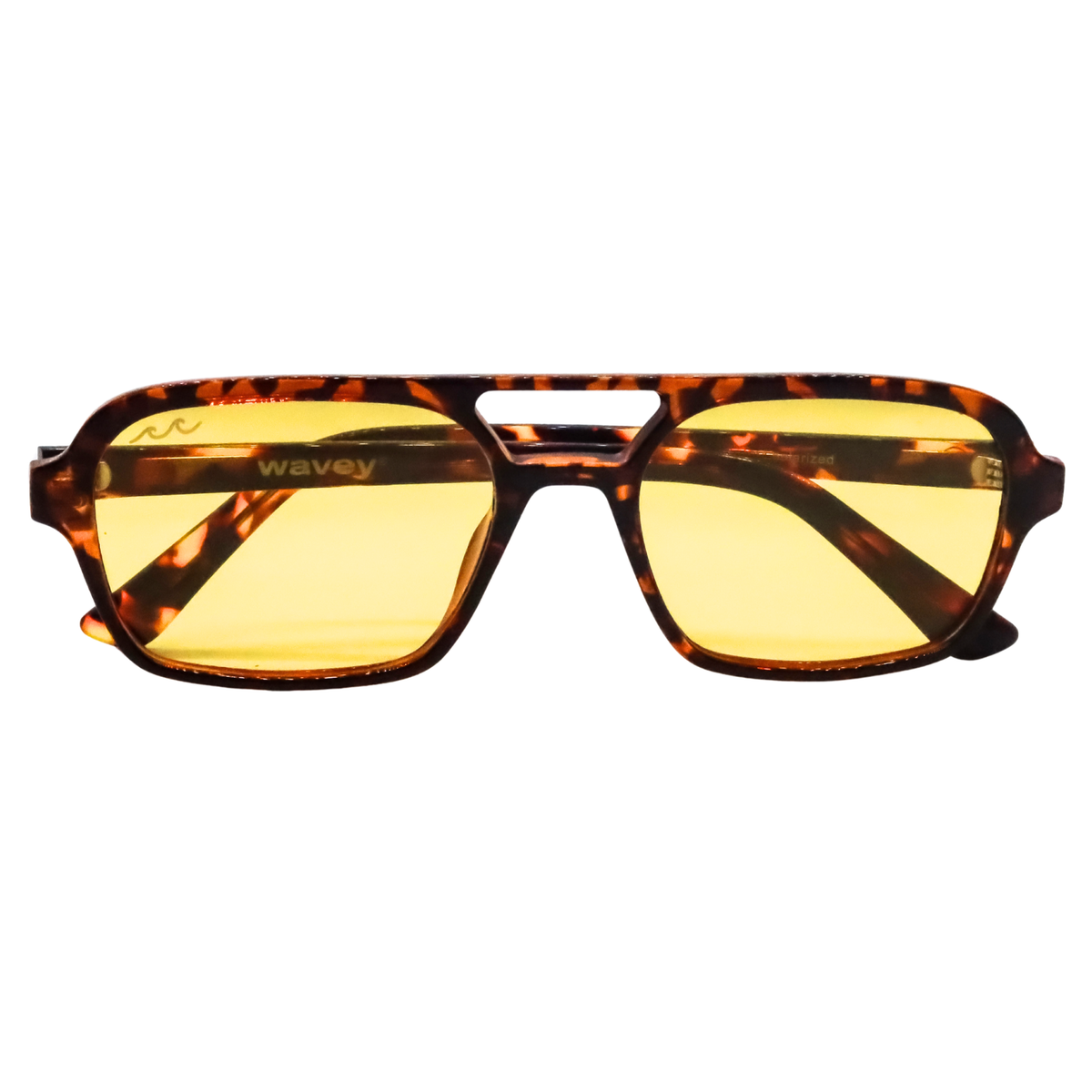 Wavy rectangular aviator-style sunglasses with a brown and black tortoiseshell frame and yellow tinted lenses, shown against a plain white background.