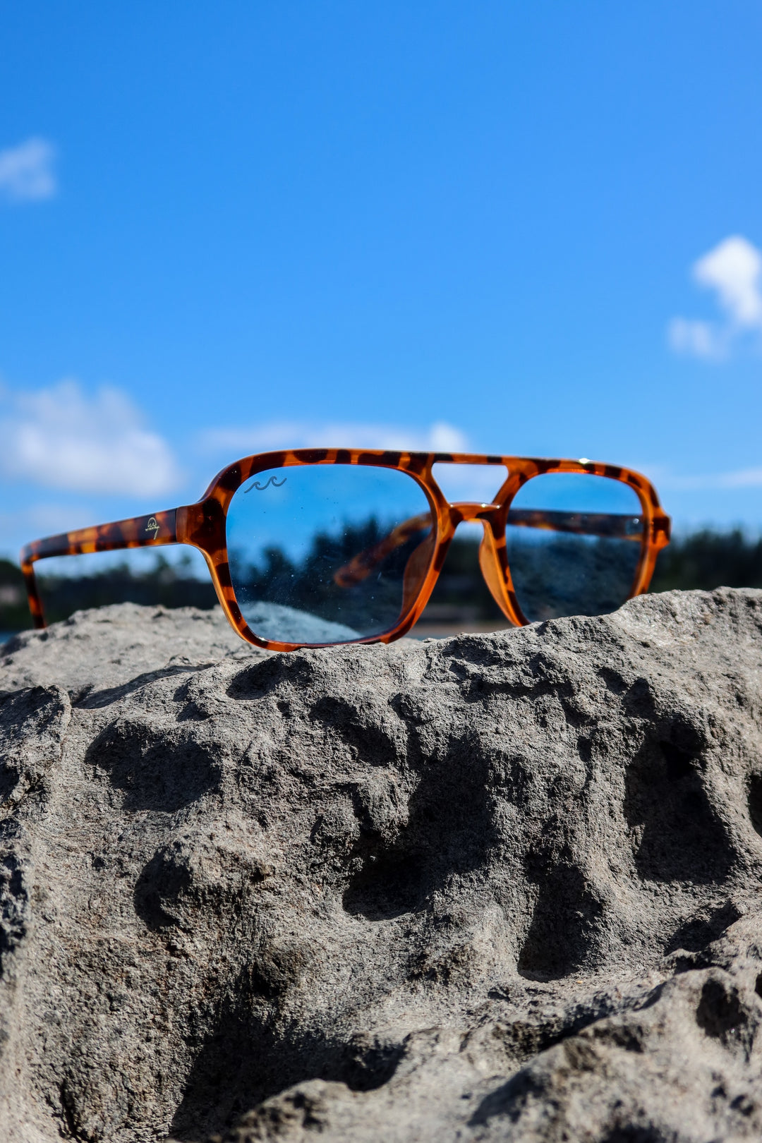 Tortoiseshell aviator-style sunglasses resting on a textured gray rock with a bright blue sky in the background.