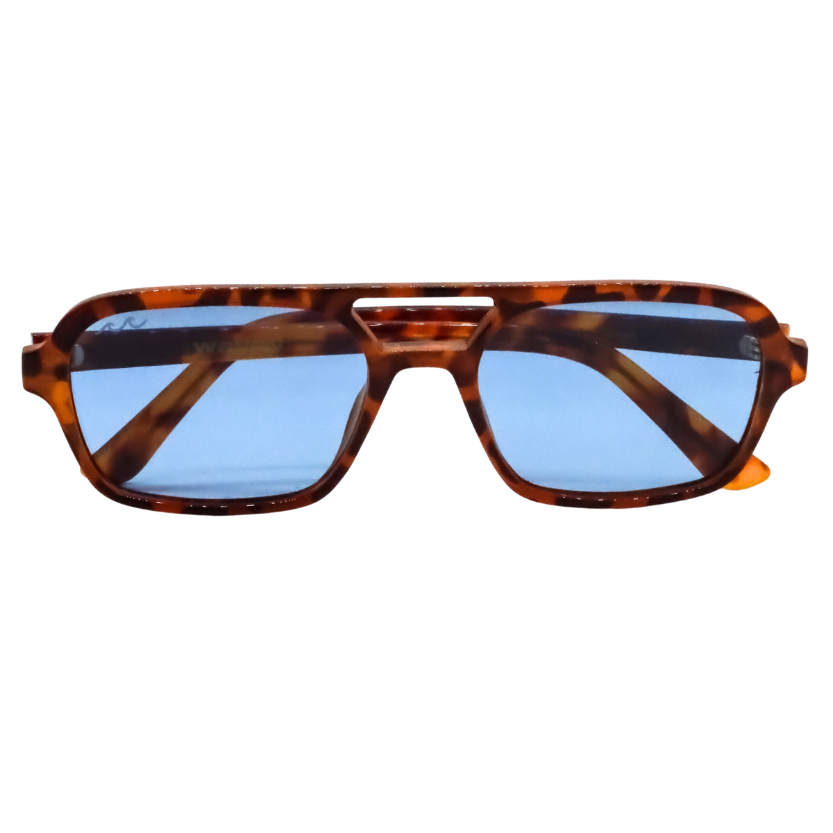 A pair of square aviator-style sunglasses with a brown tortoiseshell frame and light blue lenses, shown against a plain white background.