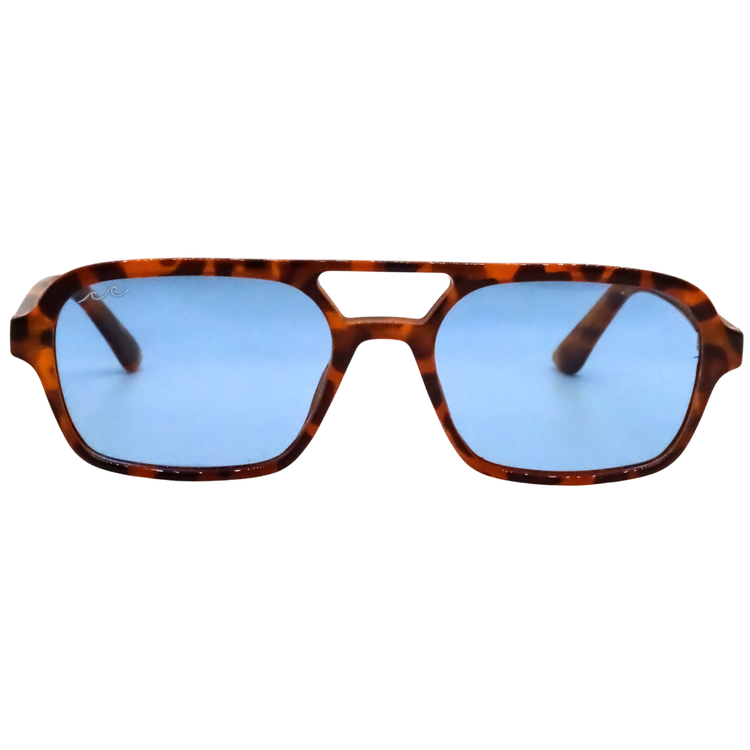 Retro-style square sunglasses with a brown tortoiseshell frame and light blue lenses, shown against a plain white background.