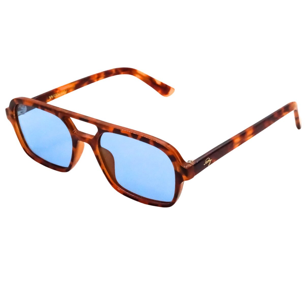 A pair of square aviator-style sunglasses with a brown and black tortoiseshell frame and light blue lenses, shown on a plain white background.