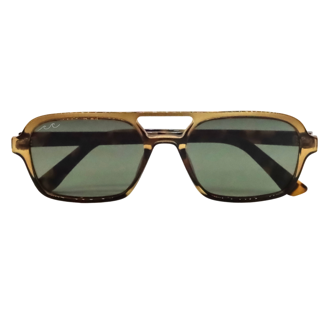 A pair of square aviator-style sunglasses with a translucent amber-brown frame and dark green tinted lenses, shown against a plain white background.