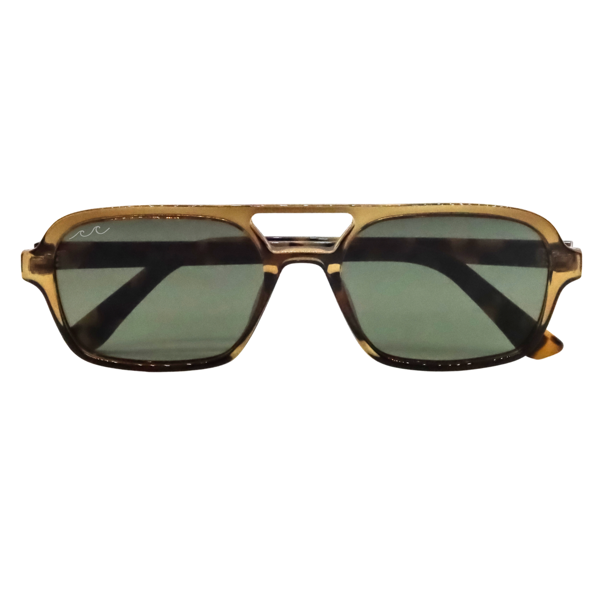 A pair of square aviator-style sunglasses with a translucent amber-brown frame and dark green tinted lenses, shown against a plain white background.