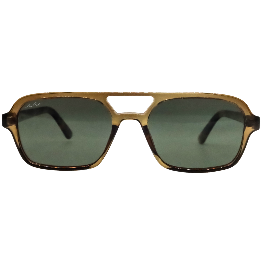 A pair of square aviator-style sunglasses with a translucent gold and brown acetate frame and dark green lenses, shown against a plain white background.