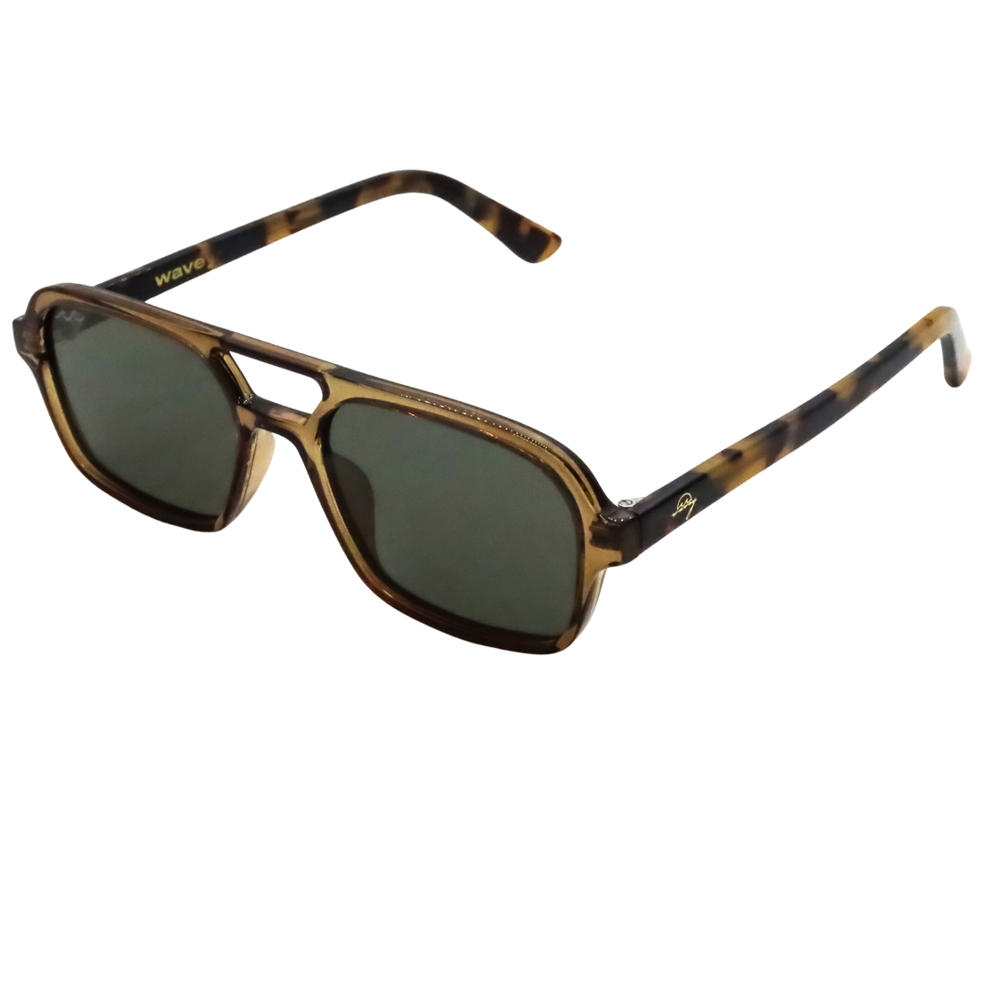 A pair of aviator-style sunglasses with a brown and black tortoiseshell frame and dark green lenses, shown on a plain white background.